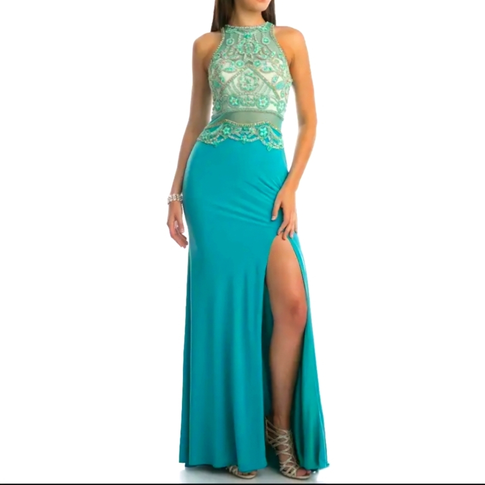NWT Teal Jade High Neck High Slit Jewels Evening Formal Prom Dress Small